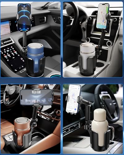Cup Phone Holder for Car Cup Holder with Expandable Base, Detachable Dual Cellphone Holder Cupholder Car Mount with Long Arm Universal Fit iPhone and Large Bottle, for Truck SUV - color: Black