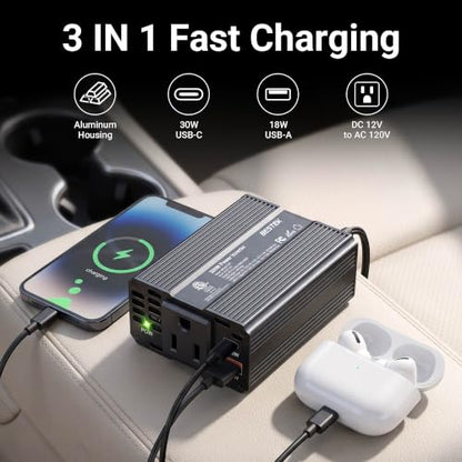 Bestek 200W Car Power Inverter 12V to 110V Cigarette Lighter Adapter - color: Black
