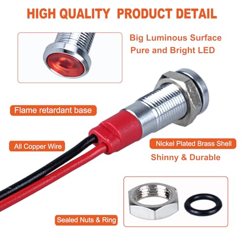 10Pcs 6mm (1/4") LED Indicator Light 12V-24V 20mA Waterproof Metal Wide Flat Head Signal Lamp Pilot Dash Directional with Wire (White Red Yellow Blue Green)*2 - color: Mix, size: 6mm / 12V-24V