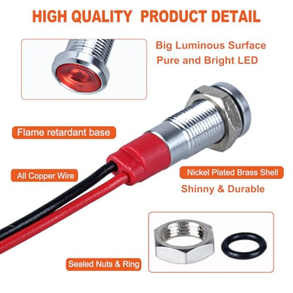 10Pcs 6mm (1/4") LED Indicator Light 12V-24V 20mA Waterproof Metal Wide Flat Head Signal Lamp Pilot Dash Directional with Wire (White Red Yellow Blue Green)*2 - color: Mix, size: 6mm / 12V-24V