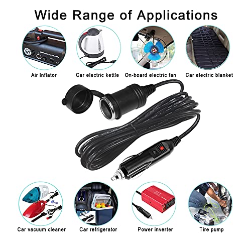 12V Cigarette Lighter Extension Cord 6FT -Car Charger Cigar Lighter Male Plug to Female Socket 18AWG Heavy Duty Extension Cable with LED Lights Extender for Air Compressor Pump and Tire Inflator 15A - size: 6FT
