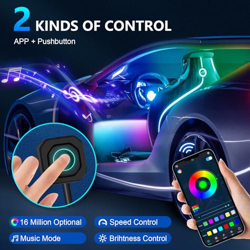 RGB Acrylic Ambient Lighting Car Lights, LED Strip Lights with APP Control, 593 LEDs Interior Car Lights, 6 in 1 Neon Car Ambient Neon Light Kits - size: RGB color 6 lights