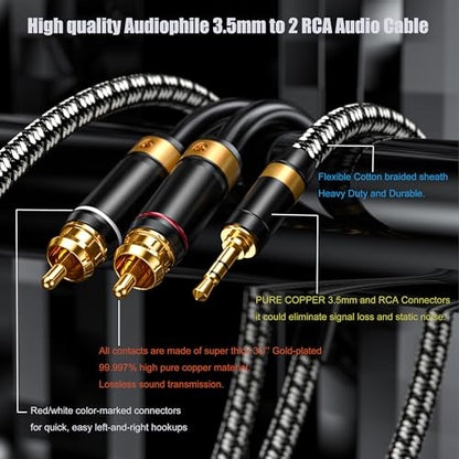 Audiophile RCA Cable, [1M/3.2Feet, Silvered-Plated Copper core] 3.5mm Male to 2RCA Male Stereo Audio Adapter Cable with Outer diameters 6.5mm for Smartphones, Tablets, Speakers, HDTV - size: 3.2 Feet (1M), style: Straight 3.5mm to 2 RCA