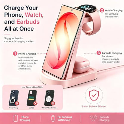 Wireless Charger for Samsung, Wireless Charging Station for S26, Watch 8 - color: Pink
