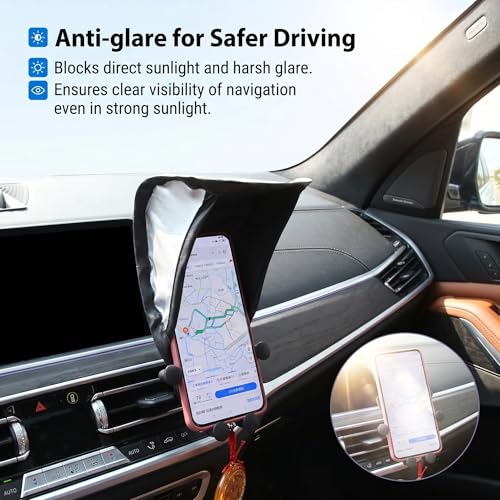 Car Cell Phone Sun Shade, Reflective Anti-glare & Heat Shield for Most Smartphones, Vertical Foldable Dashboard Navigation Holder Umbrella, Portable Protection Cover for Most Cars (Black)
