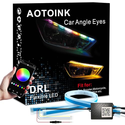 Car Headlight LED Strip, 24Inch RGB Multi Color Headlight Surface LED Daytime Running Lights Flexible DRL Tube Strip Sequential Neon Decorative Switchback Turn Signal Lights APP Contrl 2-Pack