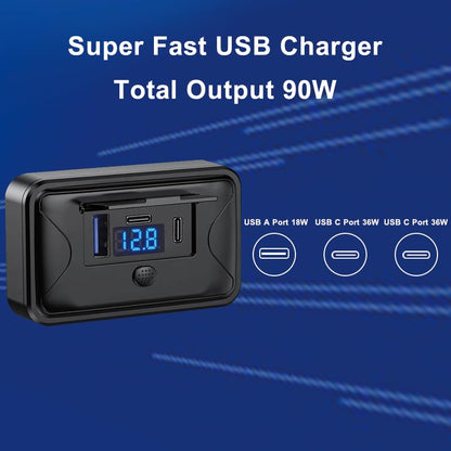 90W 12V USB Outlet Panel Mount Dual PD 36W QC 18W Switch Voltmeter Marine - size: Dual PD+QC