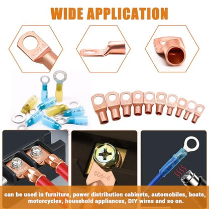 mankk 130PCS Copper Wire Lugs AWG 2 4 6 8 10 12 14 16 Gauge Battery Terminal Connectors Battery Cable Ends Connectors Copper Ring Terminal Kit with Heat Shrink - color: 130PCS