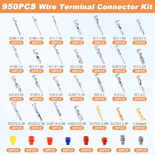 950pcs Pin Connector Kit,with Crimping Plier,Car Electrical Wire Connectors Terminal Pins,1/1.5/1.8/2.2/2.3/2.8/3.5mm Male & Female Wires Pins, Non Insulated Wire Terminal Pin Kit