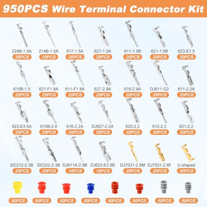 950pcs Pin Connector Kit,with Crimping Plier,Car Electrical Wire Connectors Terminal Pins,1/1.5/1.8/2.2/2.3/2.8/3.5mm Male & Female Wires Pins, Non Insulated Wire Terminal Pin Kit