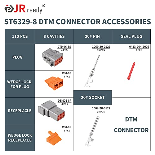 JRready ST6329-8 Deutsch DTM 8 Pin Connector(4 Sets), Size 20 Stamped Contacts 16-22 AWG for Harness Repair, Replacement, Automotive, Truck, Marine, Wiring Projects - size: 8 PIN