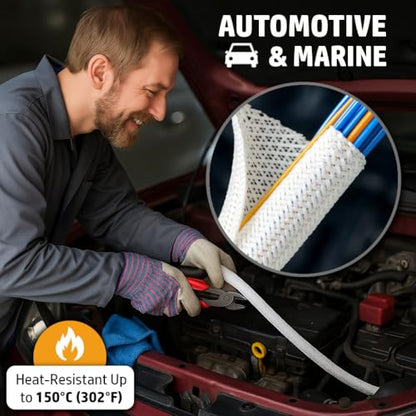 MGI SpeedWare Braided Split-Sleeve White Wire Loom for High-Temperature Automotive Harness and Home Cable Management 10 feet (3/4") - color: White, size: 3/4" - 10ft