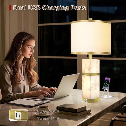 Scenekoy 27" Alabaster Table Lamps Set of 2 with Night Light for Bedroom - color: Gold