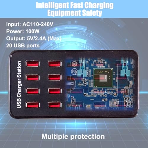 MaxLax 20-Port USB Charger Station, 100W/20A, Compatible with Smartphones, Tablets, and Other USB Devices - color: Black-20 port