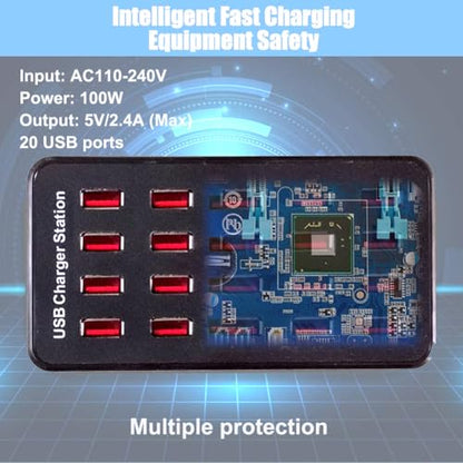 MaxLax 20-Port USB Charger Station, 100W/20A, Compatible with Smartphones, Tablets, and Other USB Devices - color: Black-20 port