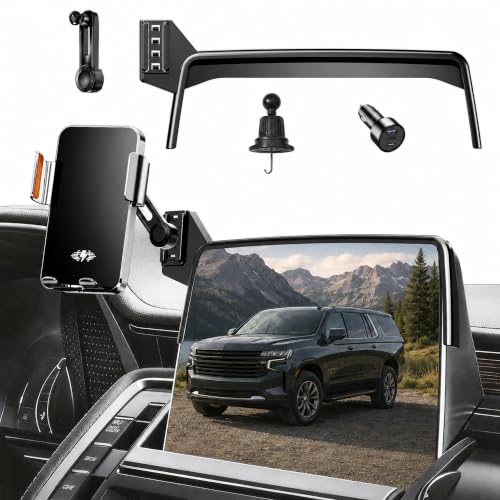 Car Phone Mount for 2021-2024 Chevrolet‌ Suburban/Tahoe & GMC Yukon/Yukon XL, Smart Auto-Clamping on 10.2" Touchscreen, 15W Wireless Fast Charging, Premium Aluminum Holder, Without Blocking Airflow - size: for Chevrolet Suburban | 2021-2024