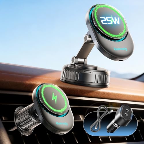 for 25W MagSafe Car Mount Charger with Cooling Fan, Magnetic Wireless Car Charger, Suction Cup & Vent Attachment Phone Holder, 25W Fast Charging Car Cooling Phone Mount for iPhone 17/16,S26 Ultra