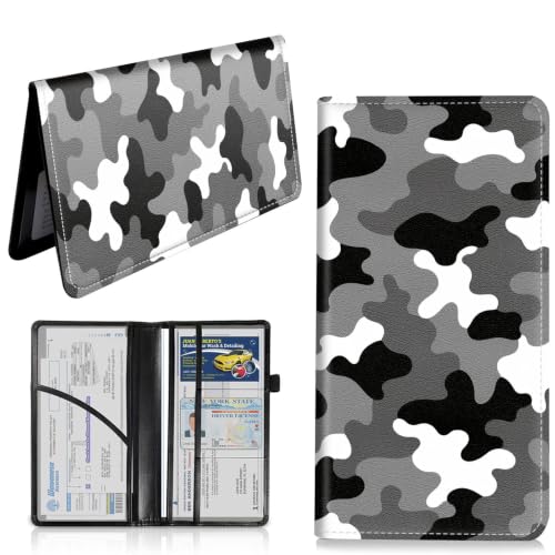 Car Registration & Insurance Card Holder Wallet, Camouflage Pattern Vehicle Document Folio for Glove Box, Auto License & ID Storage Case, Slim Multi-Slot Car Paper Organizer - color: Black White Gray Camouflage