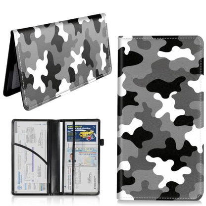 Car Registration & Insurance Card Holder Wallet, Camouflage Pattern Vehicle Document Folio for Glove Box, Auto License & ID Storage Case, Slim Multi-Slot Car Paper Organizer - color: Black White Gray Camouflage