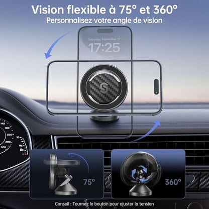 SYNCWIRE MagSafe Car Mount - Flexible Rotation Magnetic Phone Holder for Dash, Strong Magnets, Universal Compatible iPhone, Samsung, Pixel - MagSafe Car Accessories - color: Carbon Fiber