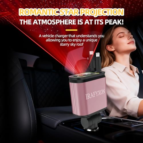 Retractable Car Charger with 31-Inch Cables 4 in 1 Fast Car Charger USB C Car Adapter with Starry Sky Light for iPhone 17 16 15 14 Car Accessories Gifts for Men Women Drivers (Pink) - color: PINK