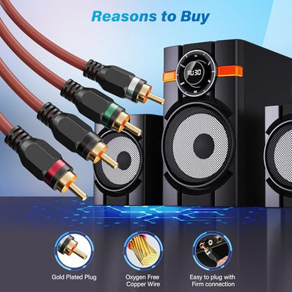 Adoreen 4-Channel RCA Audio Cable 20 Ft, Oxygen Free Copper Male to Male Twisted Pair RCA Interconnect Cable with Noise Reduction, Gold-Plated Series Car Stereo Power Sports & Marine Connector Cable - size: 20ft