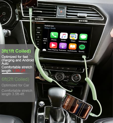 USB A to USB C Cable 3FT 2Pack Coiled USB C Fast Charging Cable for CarPlay - color: Green, size: 3FT