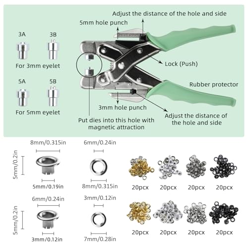3/16 & 1/8 Grommet Tool Kit and Eyelet Hole Punch Plier, Grommet Eyelet Pliers Tool Set with 160 Pcs Metal Grommets Eyelets and Case for Leather Bags Clothes Belt Cards and Crafts