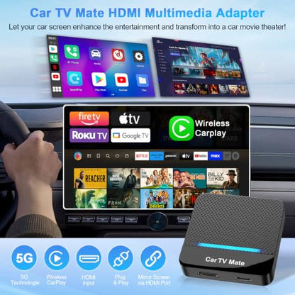 2-in-1 Car TV Mate Pro—Wireless CarPlay Adapter & HDMI Multimedia Adapter for TV Stick Converter/Game Consoles/Set-Top Box/Screen Mirroring, Plug & Play HDMI Cars T V Dongle Compatible Cars from 2016