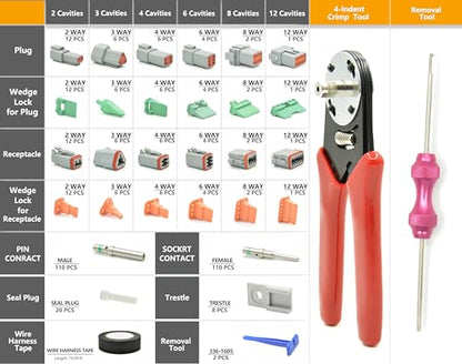 378 PCS DT Deutsch Series Waterproof Connector Kit, 2 3 4 6 8 12 Pin Connectors, Crimping Tool(12-20AWG) & DT Removal Tool, Size 16 Solid Terminal Contacts (14-20AWG) for Cars Motorcycle Boat - size: DT 378PCS KIT