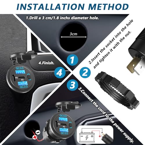 VANONE 12V USB Outlet Socket with On/Off Switch – 4-Port Fast Charging