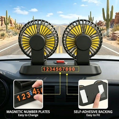 12V Dual Head Car Cooling Fan, Brushless Motor, 2 Speed, 360° Rotation, Dashboard Mount, Cigarette Lighter Powered, for Cars, SUVs, Trucks, RVs & Vans - color: 12V