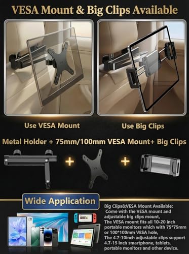 Heavy Duty Metal Car Headrest Mount for 15.6‘’ Portable Monitor, 2-in-1 VESA&Clip Stand for 4.7-20" Screen, Backseat Gaming Holder Compatible with Switch, iPad, iPhone, Stable Road Trip Stand for Kids