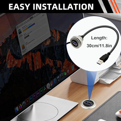 USB3.0 Threaded Fixed Mount Cable Al Shell USB A Male to Female Embedded Mount Waterproof Round Converter Extension Cable, 5V/2A 5Gbps, 30cm/11.8in
