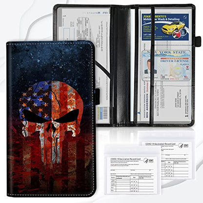 Car Registration and Insurance Card Holder, Premium Leather Vehicle Wallet Cover for Glove Box Car Organizer Drivers License/Cards/ID - Essentials Document Holder, Death Skull American Flag - color: Death Skull American Flag
