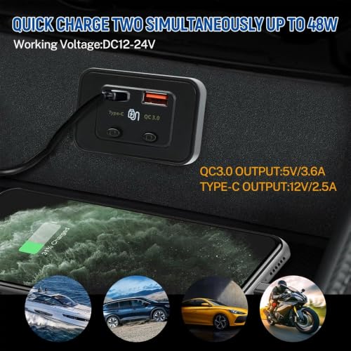 Car Boat RV Fast Charger Socket LED Power Outlet Panel 48W 12V-24V USB PD QC3.0