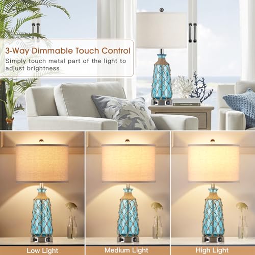 Ruzectt 25.5" Coastal Glass Table Lamps Set of 2, 3-Way Dimmable Touch Control Bedside Lamps with 2 USB Ports and AC Outlet, Blue Nautical Nightstand Lamps for Bedroom Living Room (LED Bulbs Included) - color: Teal