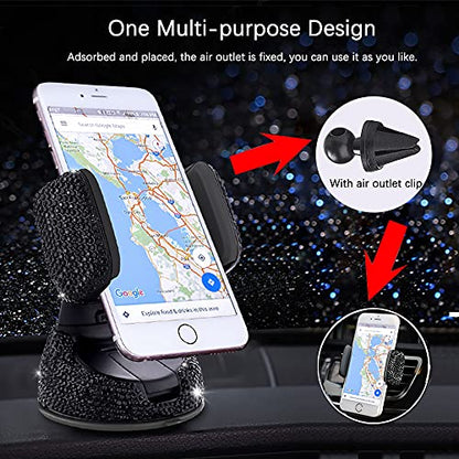 SUNCARACCL Bling Car Phone Holder, 360°Adjustable Crystal Auto Phone Mount Universal Rhinestone Car Stand Phone Holder Car Accessories for Windshield Dashboard and Air Outlet (Black) - color: Black