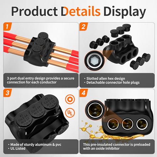 Joinfworld 3 Port Insulated Multi Tap Connector Dual Entry 2-14 AWG Aluminum to Copper Wire Connectors Aluminum Insulated Wire Splice Connectors with Slotted Allen Hex - 6 Pack - size: 2-14 AWG