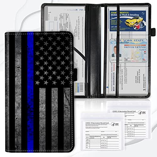 Car Registration and Insurance Card Holder, Premium Leather Vehicle Wallet Cover for Glove Box Car Organizer Drivers License / Cards / ID - Essentials Document Holder, Thin Blue Line American Flag - color: Thin Blue Line American Flag