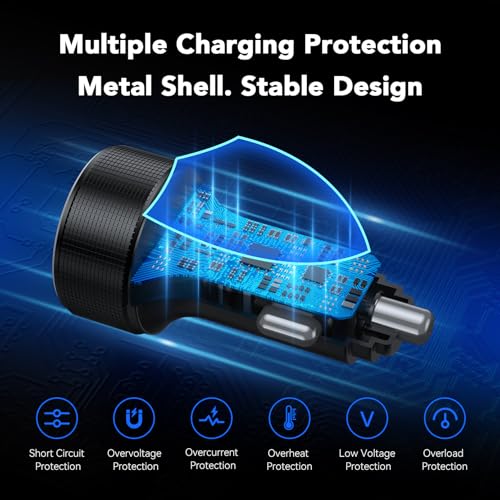 iPhone 17 Car Charger USB C Fast Charge Cable, 78W 4 Port Metal Car Phone Charger Adapter with Voltmeter PD 30W & QC3.0 Cigarette Lighter USB Adapter for iPhone 17/16/15, Galaxy, iPad, Android - color: Black & Cable