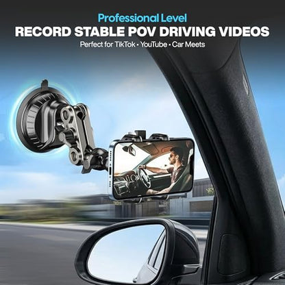 POV Car Recording Mount Atlas Suction Phone Mount for Windshield & Dashboard, 360° Adjustable Arm, Hands-Free Filming for TikTok, Driving Videos & Navigation