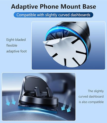 Car Dashboard Phone Holder Mount, 360 °Rotating Curved Dash Automatic Clamping Cell Phone Mount with Adaptive Adhesive Base, Multifunctional Accessories, Fit for iPhone, Samsung, Google, GPS