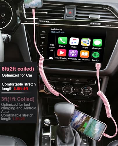 USB C Cable 90 Degree, 2Pack 6FT Coiled USB A to USB C Cable for Car-Pink - color: Pink, size: 6FT