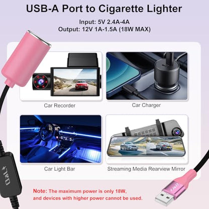 J&D USB A Male to 12V Car Cigarette Lighter Socket Female Converter Cable, 5 ft, 12V 18W Power Adapter, Compatible with Dash Cam, GPS, Car LED Light Strips, Pink - color: Pink, size: 5 Feet/ 150 CM