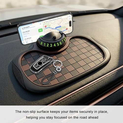 Multifunction Car Anti-Slip Mat, 3-in-1 Dashboard Pad Rotatable Phone Holder with Hidden Parking Number, Multifunctional Anti Skid Pad Large Storage Mat for Most Cars (Black & Brown) - color: Black & Brown