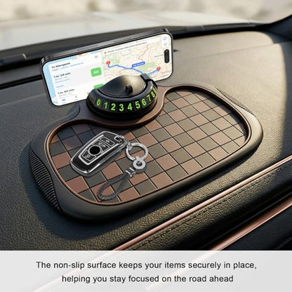 Multifunction Car Anti-Slip Mat, 3-in-1 Dashboard Pad Rotatable Phone Holder with Hidden Parking Number, Multifunctional Anti Skid Pad Large Storage Mat for Most Cars (Black & Brown) - color: Black & Brown