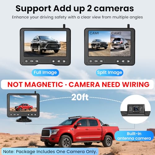 15-Min Install 5-Inch Wireless Backup Camera for Car：1080P HD No Drill Plug-Play 2-Split Monitor, Need Wiring Stable Signal Waterproof IR Night Vision Rear View Camera for SUV, Pickup, Van, Camper