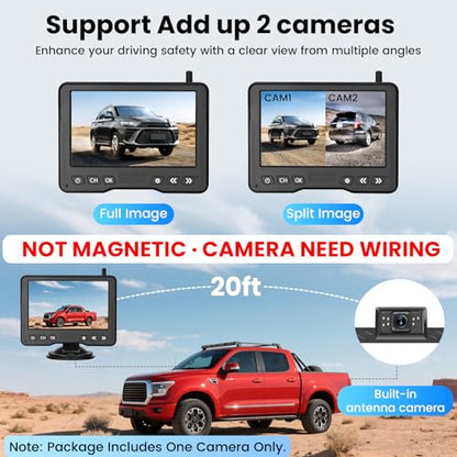 15-Min Install 5-Inch Wireless Backup Camera for Car：1080P HD No Drill Plug-Play 2-Split Monitor, Need Wiring Stable Signal Waterproof IR Night Vision Rear View Camera for SUV, Pickup, Van, Camper