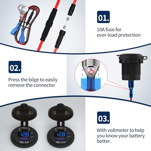 DaierTek 12V USB C Car Charger Socket 3-Pack - 48W PD & QC 3.0 Fast Charging Dual USB Outlet with Voltmeter & ON/Off Switch, Waterproof 12V Charging Port for Car, Marine, Boat, Golf Cart